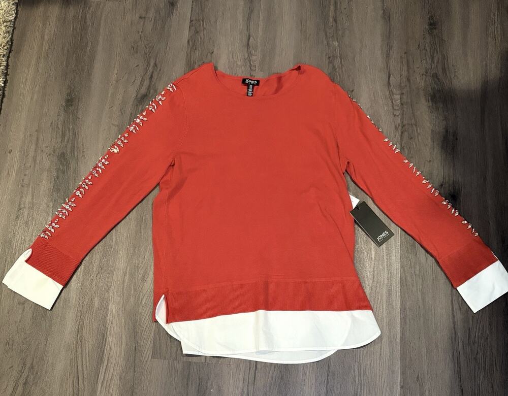 Jones New York Red White Knit Women’s Crew Neck Pullover Rhinestone Sweater M
